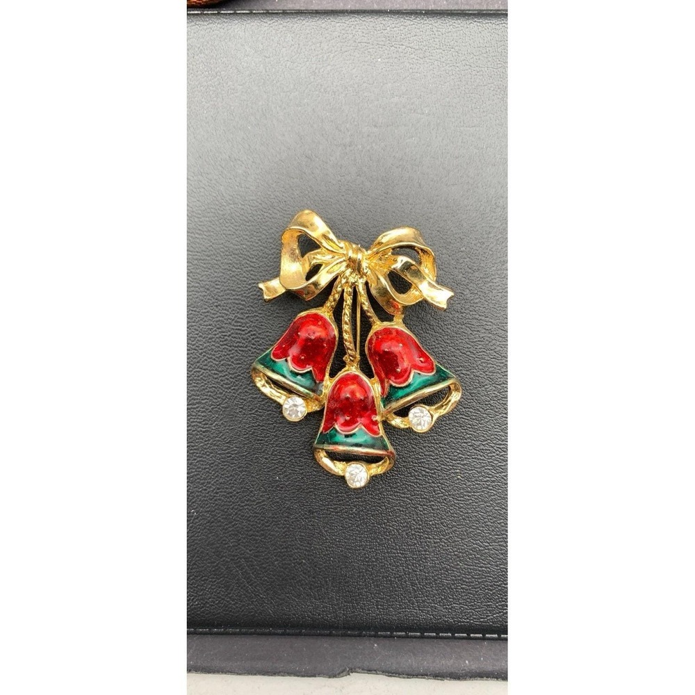 Vintage Gold Tone Red And Green Enamel Christmas Bells Brooch